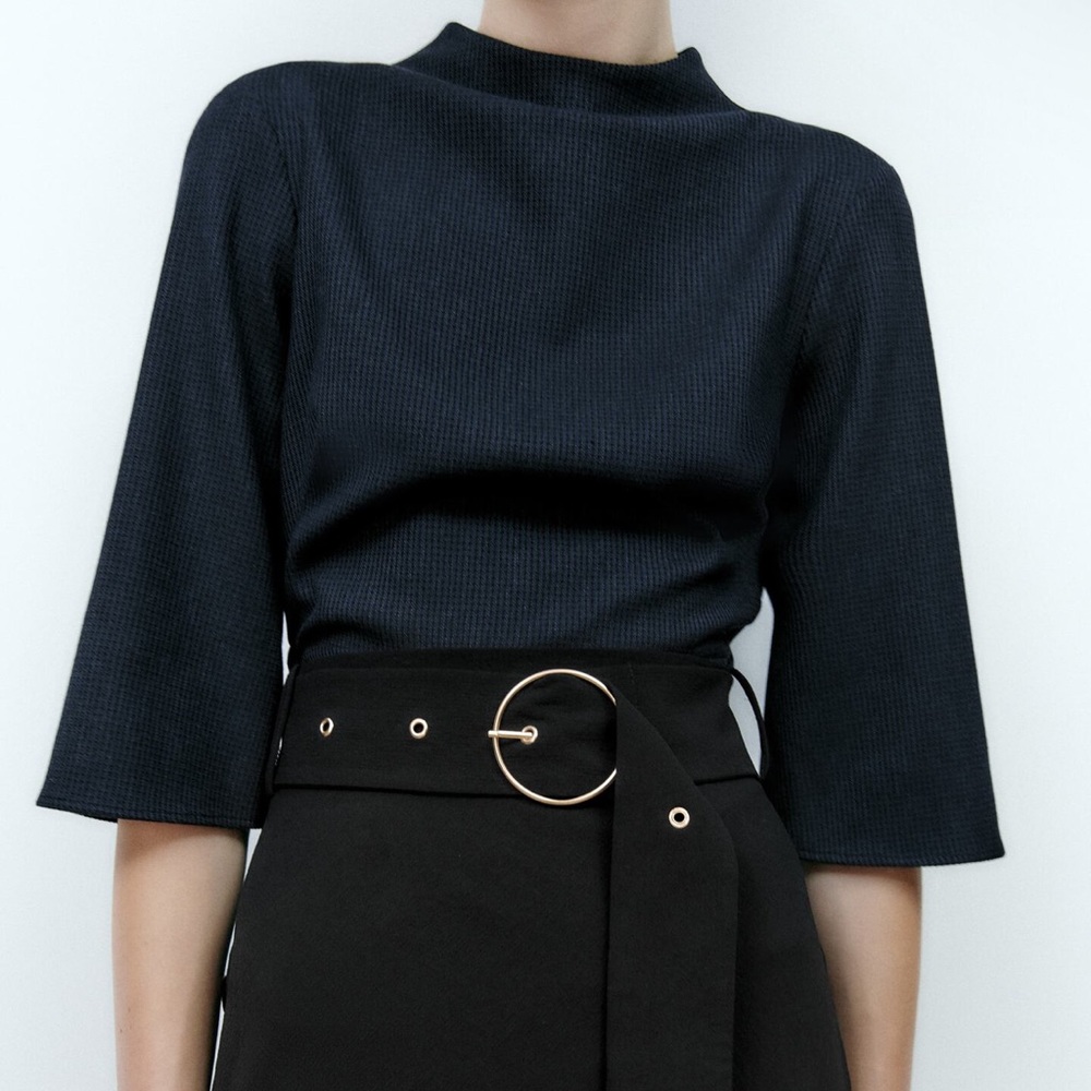 Zara Check Textured Top, Navy XS